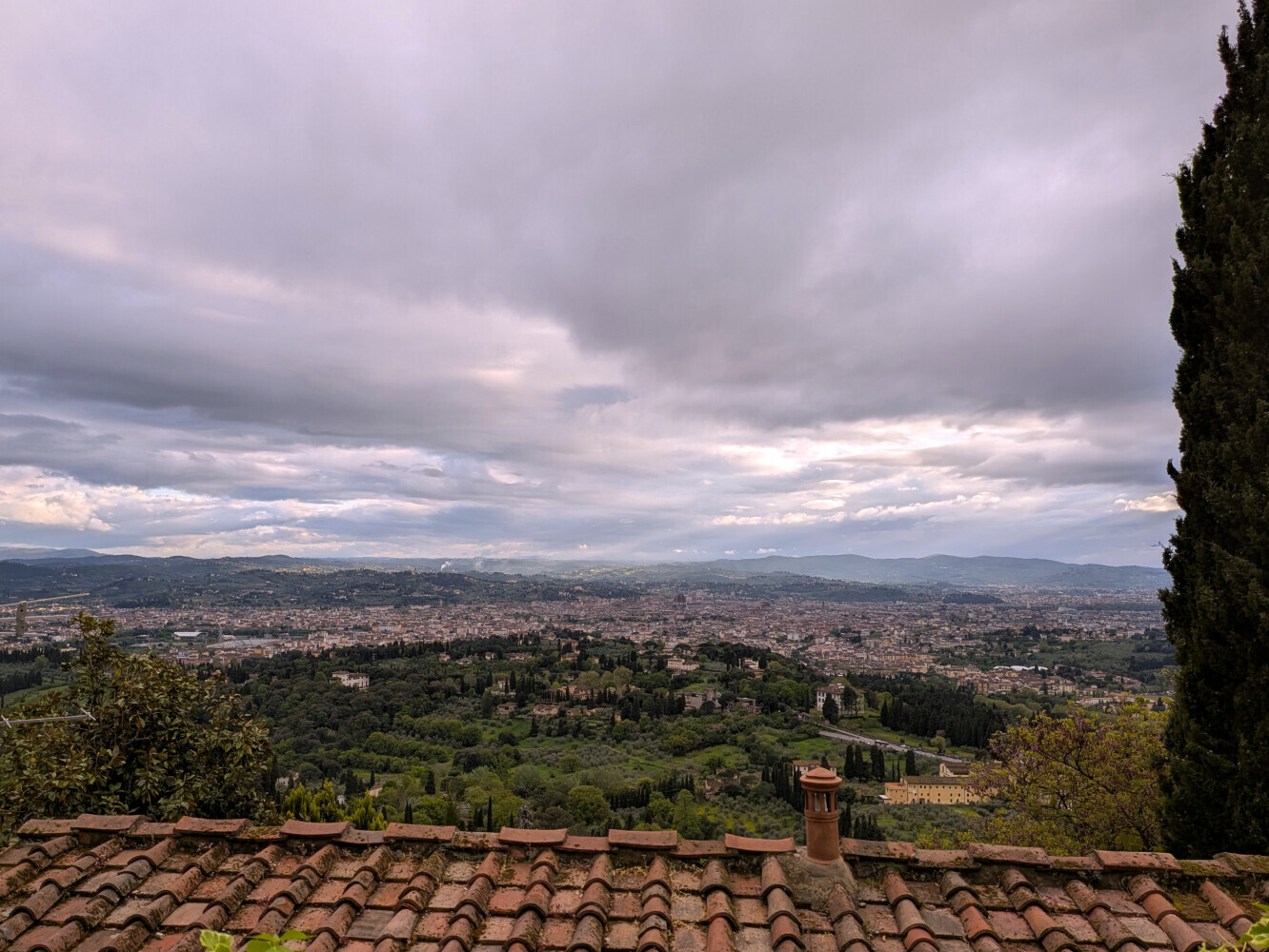 The view of Florence from Fiesole. Spot the tall cathedral dome in the centre.