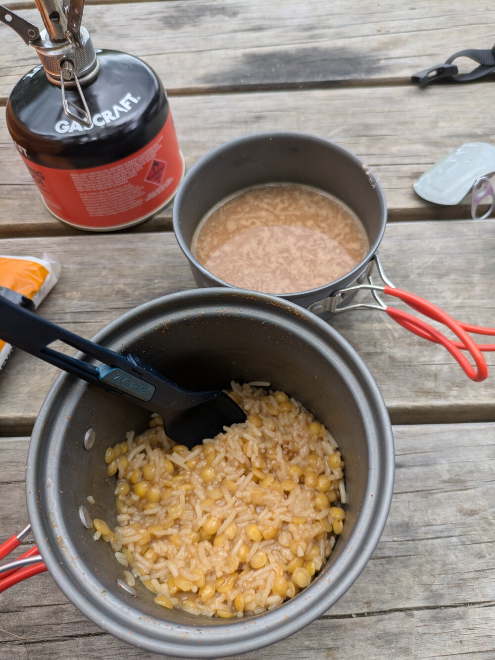 An easy staple: chai with rice and dal, plus tinned fish.